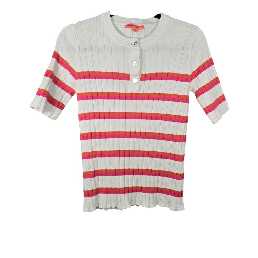 Vilagallo Womens Ribbed Knit Striped Henley Top White Pink Orange Size Small